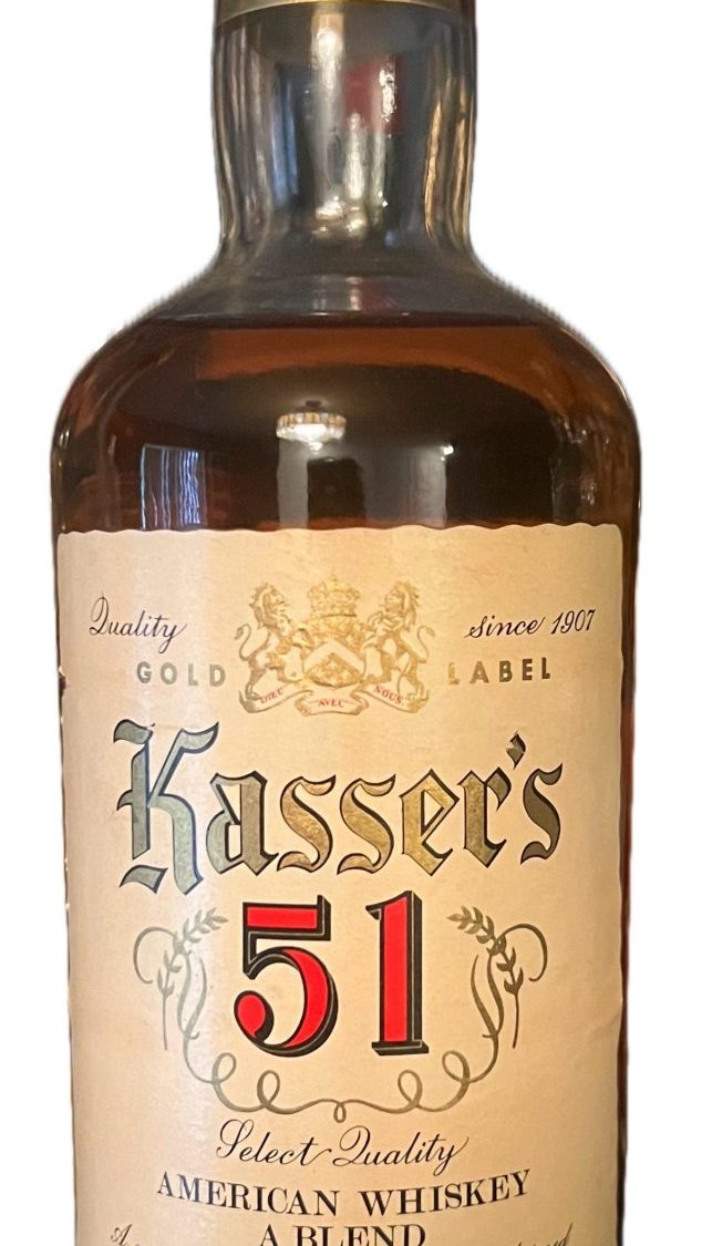 Kasser's 51 American whiskey bottle, gold label