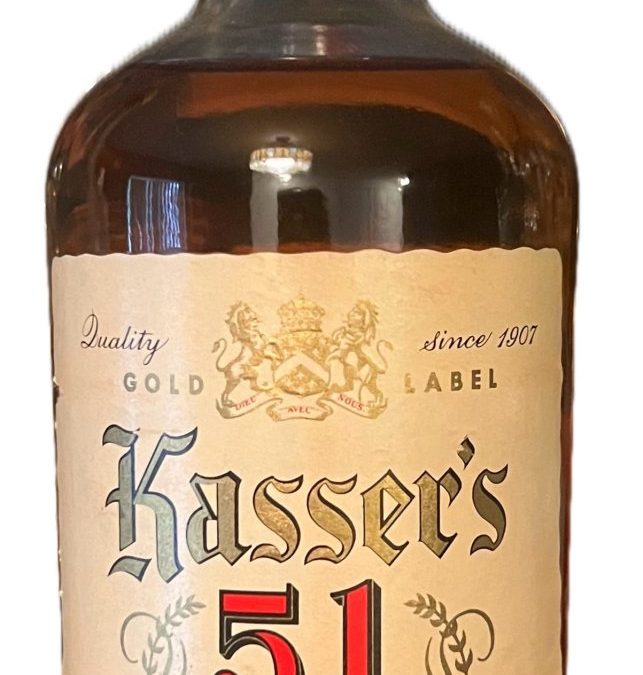 Kasser's 51 American whiskey bottle, gold label
